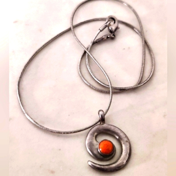 Leonard Maloney Navajo Modernist Sterling LM Pendant w/Coral - Picture 5 of 16